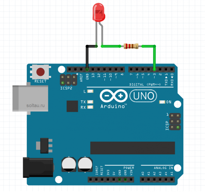 Схема для демонстрации ШИМ в Arduino