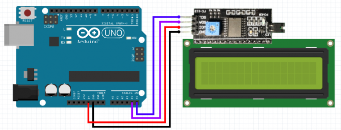 Схема подключения I2C модуля FC-113 к LCD дисплею и Arduino