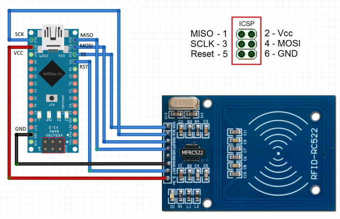 Схема подключения RFID-RC522 по интерфейсу SPI