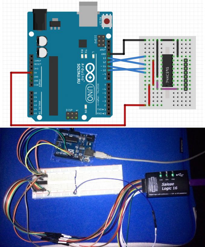 Схема подключения сдвигового регистра 74HC595 к Arduino