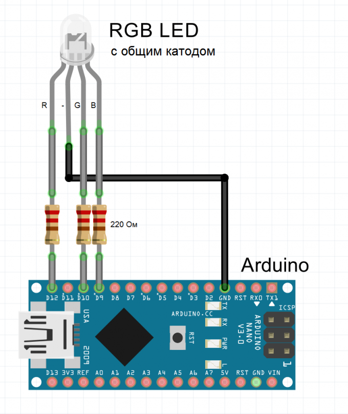 Схема подключения RGB светодиода с общим катодом к Arduino