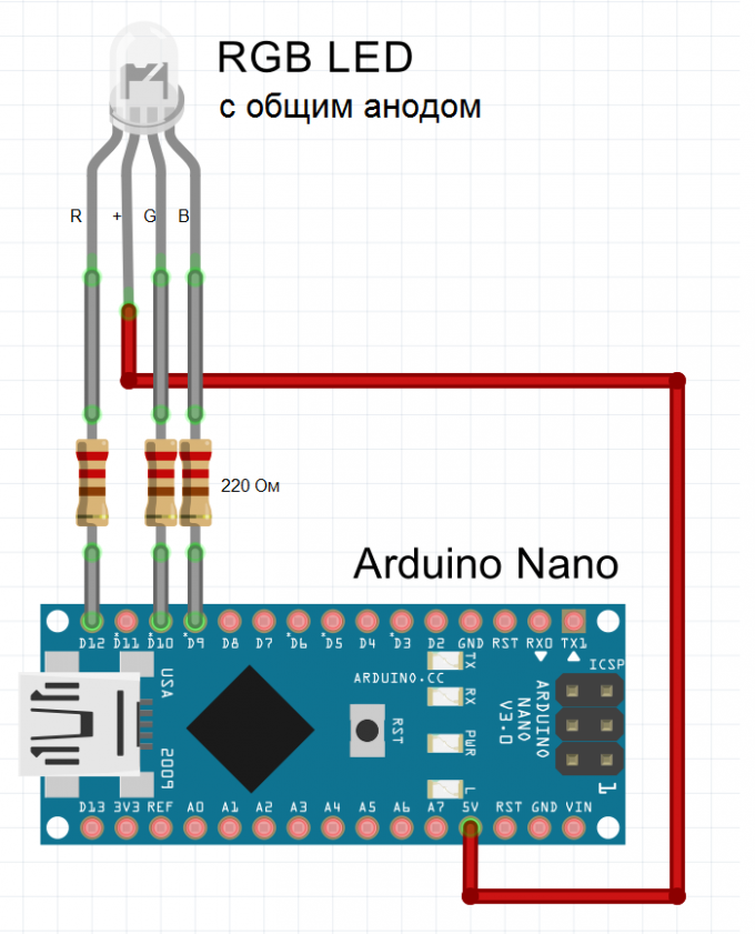 Схема подключения RGB светодиода с общим анодом к Arduino