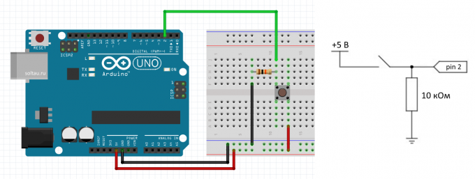 Подключение кнопки к Arduino по схеме с подтягивающим резистором