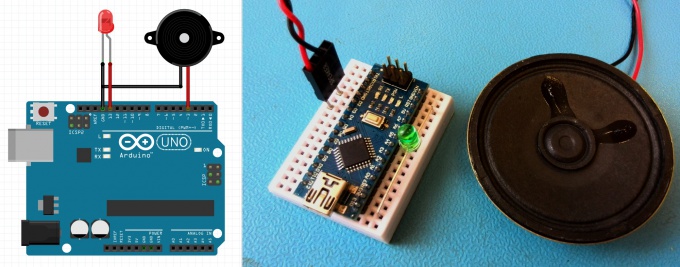 Схема подключения пищалки и светодиода к Arduino