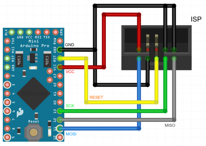 Схема подключения программатора к Arduino
